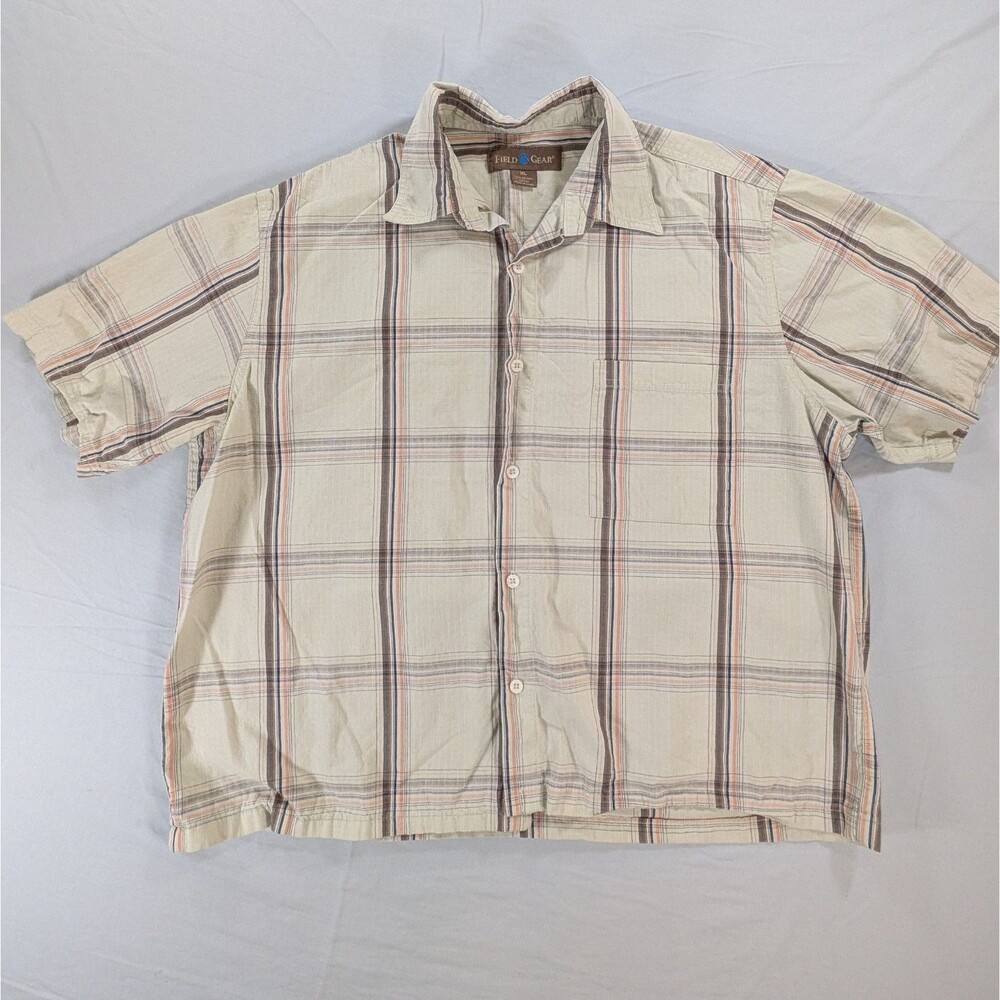 Field Gear Shirt Mens Extra Large Brown Plaid Button Down Short Sleeve Pockets